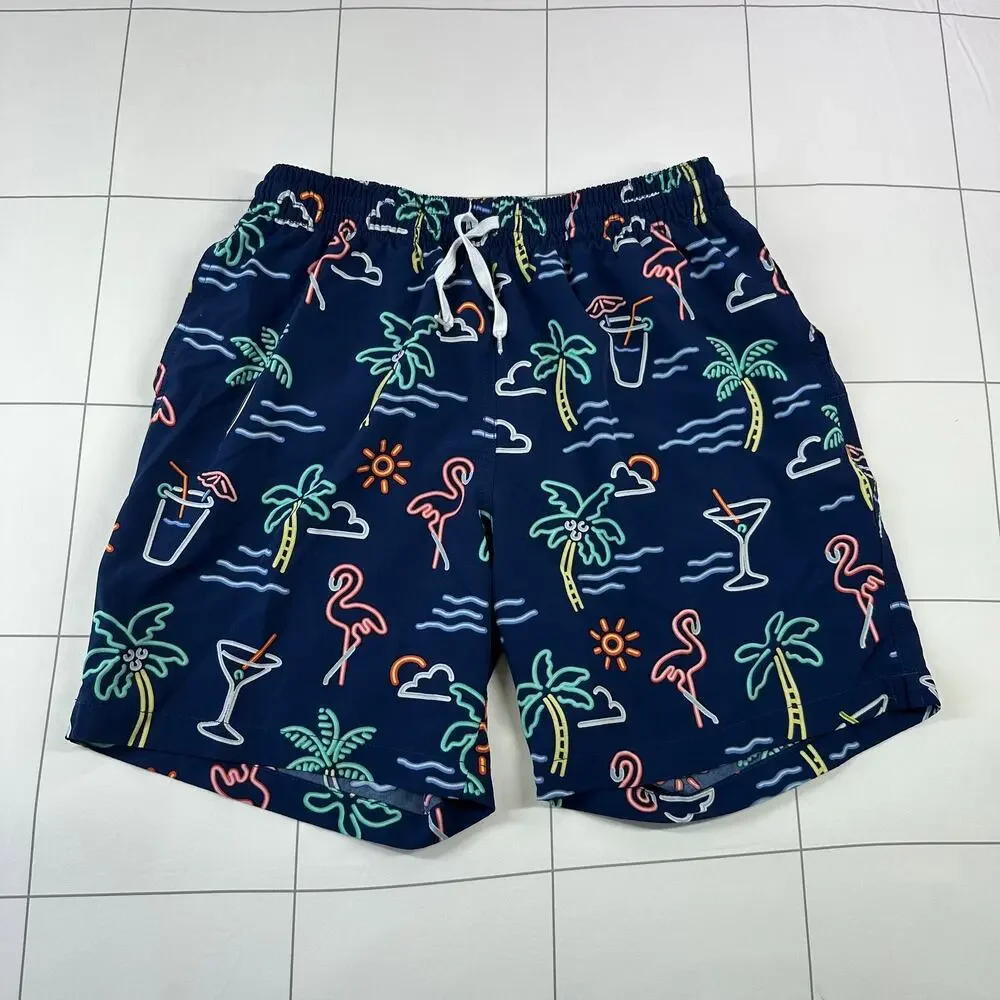 Chubbies Swim Shorts Men Medium Blue Electric Neon Flamingo Palm Tree Mesh Lined
